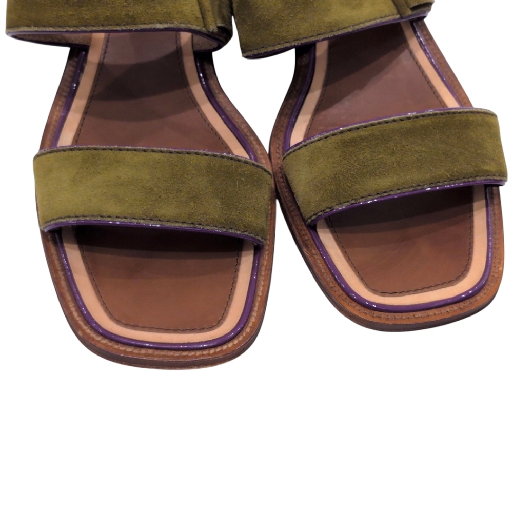 Prada Suede Slingback Buckle Sandals Stack Heels Size 39.5 Olive - Picture 6 of 8